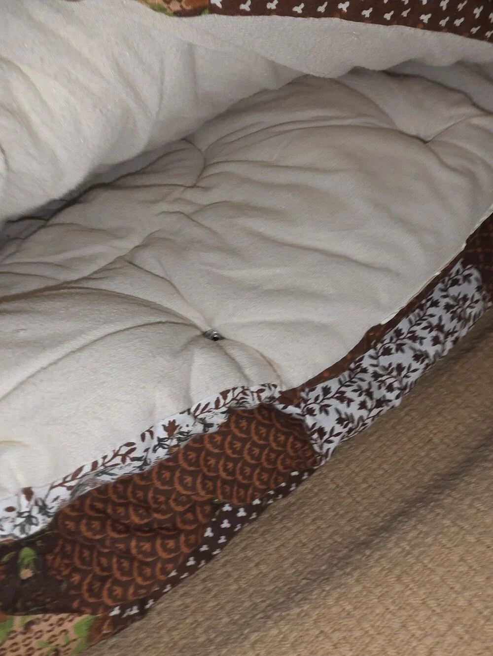 Vintage 1960s 1970s Cotton Brown Quilted Patch Work Floral Sleeping Bag Blanket